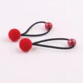 Cute red flocked hair tie for kids with soft ball and glossy bead, elastic hair band detail. - Red