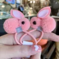 Cute plush bunny hair ties for kids and women, soft pink fuzzy rabbit hair scrunchies. - Pink