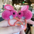 Cute pink plush rabbit hair tie for kids, soft pom pom hair elastic rubber band pony tail holder. - Rose Red