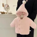 Winter toddler girls pink hooded padded coat cute pompom thick warm baby outerwear - 73cm / Tops / Pink