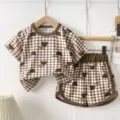 Conjunto pijama corto a cuadros verano infantil con detalles de estampado de osito. - 80cm / Top Y Pantalón / Oso de Letras