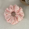 Korean style pink plaid fabric hair scrunchie, soft elastic ponytail holder daily hair accessory. - Large Size / Pink
