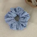 Blue and white plaid fabric hair scrunchie, sweet preppy style ponytail holder accessory. - Large Size / Blue