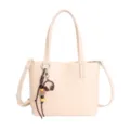 Beige women commuter tote bag with shoulder strap and cute headphone charm variant style. - With Pendant / White