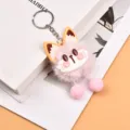 Cute pink plush fox keychain fluffy pom pom bag charm aesthetic accessory for keys backpacks. - Pink