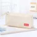 Astuccio per matite in tela di grande capacità minimalista con etichetta logo rossa. - Con Etichetta / Beige