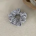 Korean style black and white plaid fabric hair scrunchie, gentle vintage ponytail holder for women. - Medium Size / Light Blue
