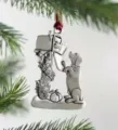 Vintage silver pewter Christmas tree ornament featuring a cute dog, mailbox and holiday gifts. - Mailbox Dog