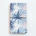 Portable traveler notebook with elastic band and blue plant leaf pattern cover journal. - Mist Palms