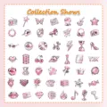 Vista dettagliata con vari adesivi graffiti metallici rosa Y2K perfetti per fai da te e decorazioni. - 50 Pezzi/Confezione / Rosa