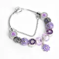 Silver charm bracelet with purple flower beads and safety chain for women fashion jewelry. - Purple Floral (#8)