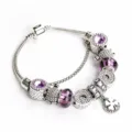Bracciale con ciondoli argento DIY con perline di cristallo viola e pendente fiore moda donna. - 18cm / Trifoglio Viola (#1)