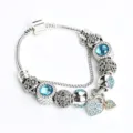 Silver charm bracelet with blue crystal beads and heart pendants for women DIY fashion jewelry. - Blue Rhinestone (#6)