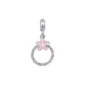 Silver alloy DIY charm pendant with rhinestone circle and pink enamel flower for bracelet. - Pearl Cherry Blossom Ring Pendant