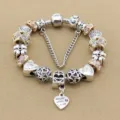 Bracciale componibile stile Pandora catena argento perle zirconi e ciondoli cuore - 18cm