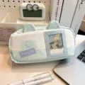 Süßes ästhetisches Federmäppchen mit Polka Dots und transparentem Kartenfenster. - Blau
