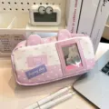 Süßes rosa Pünktchen-Mäppchen mit Bären-Design und transparentem Kartenfenster für Schüler. - Lila