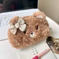 Cute cartoon plush bear pencil case soft stationery pouch large capacity school supply organizer - Bear with Bow / Brown