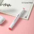Single dual-head alcohol marker pen in white barrel with coral red cap for art drawing and sketching. - 12 Coral Red