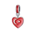 Detail shot of red enamel heart flag charm, silver metal pendant for DIY bracelet and necklace. - Flag Style 9