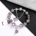 Bracciale charm in argento classico con perline di cristallo viola e catena di sicurezza donna. - 18cm / Viola