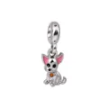 Ciondolo charm cagnolino cucciolo in argento con orecchie smaltate rosa per bracciale. - Chihuahua Argento