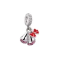Silver DIY charm bead featuring cute baby booties with pink crystals and red bow for bracelet. - Red Bow Bell Pendant