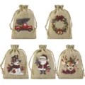 Christmas burlap gift bags set, rustic jute drawstring pouches for holiday candy treats. - 5 Pieces / 10x15cm