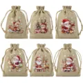 Christmas Burlap Drawstring Bags Set Holiday Gift Candy Storage Pouch Tree Decor - 6 Pieces Set / 10x15cm