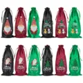 Kerst satijnen wijnfles geschenkzakken, feestelijke tassen met trekkoord voor wijn. - Wijn/Groen/Zwart Mix 05
