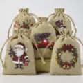 Christmas burlap drawstring gift bags set, linen candy pouch with assorted holiday prints. - 12 Pieces/Pack / 10x15cm