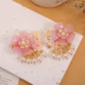 Pinzas para el pelo Hanfu chinas tradicionales con flores de resina rosa y perlas. - Forma de Abanico Rosa