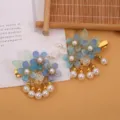 Niños antiguo Hanfu pinzas de pelo flor de vidrio azul perla borla par accesorios cabeza - Floral Azul Degradado