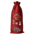 Red burlap Christmas wine bottle bag with festive truck snowman print and drawstring closure. - Wine Red 06
