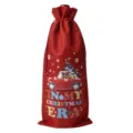 Red Christmas burlap wine bottle bag with festive car print, ideal for holiday party gifts. - Wine Red 07