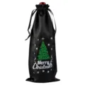 Zwarte satijnen kerst wijnfles cadeauzak met trekkoord voor feestelijke vakantiefeesten. - Zwart 04