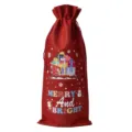 Christmas burlap wine bottle bag red holiday gift packaging with drawstring for party decor. - Wine Red 09