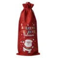 Christmas red burlap wine bottle bag featuring cute Santa Claus and festive believe text. - Wine Red 10