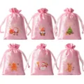 Sacchetti regalo di Natale in satin rosa, set di 6 stili con stampe festive per caramelle. - 6 pezzi/confezione / Rosa