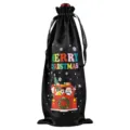 Zwarte kerst satin wijnfles zak met feestelijke kerstman truck print en trekkoord. - Zwart 09