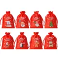 Sacchetti regalo di Natale in satin con coulisse, buste rosse festive con stampe di cartoni animati. - Confezione da 8 Pezzi / Rosso