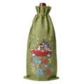 Festive green burlap wine bottle gift bag with cute Christmas car print for holiday party decor. - Army Green 07