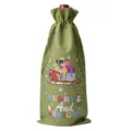 Christmas burlap wine bottle bag with festive gift and sleigh print, holiday gift pouch. - Army Green 09