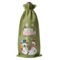Christmas green burlap wine bottle bag drawstring festive snowman print for holiday party gifts - Army Green 12