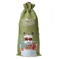 Christmas burlap wine bottle bag with festive Santa and tree print, perfect holiday gift. - Army Green 14