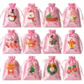 Sacchetti regalo natalizi con coulisse in raso rosa bustine di caramelle con motivi festivi - 12 Pezzi/Confezione / Rosa