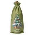 Green burlap wine bottle bag with Christmas tree print, festive drawstring gift packaging. - Army Green 18