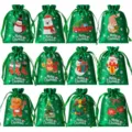 Set di sacchetti regalo natalizi in raso con coulisse, buste di caramelle colorate. - 12 Pezzi/Confezione / Verde
