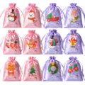 Sacchetti regalo di Natale in satin con coulisse, sacchetti per caramelle natalizie assortiti. - 12 Pezzi/Confezione / Rosa E Viola