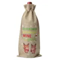 Christmas burlap wine bottle bag with cute reindeer print, festive holiday gift packaging. - Linen 05